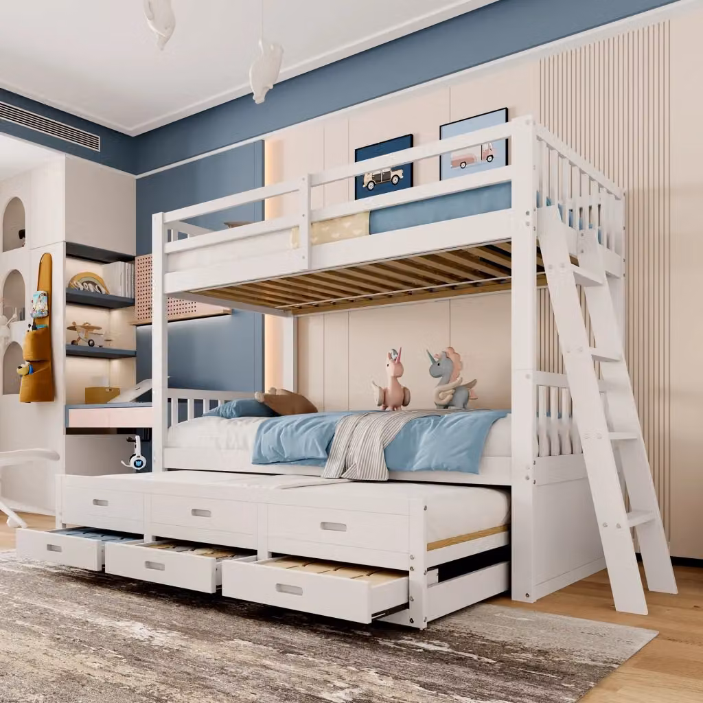 Letto a castello Chicfurn per bambini in legno bianco con letto estraibile, 3 cassetti e scala, L/P/H: 200 x 90 x 160 cm – 2