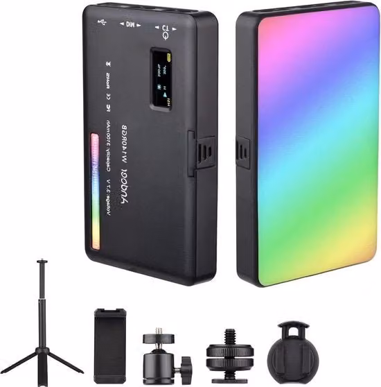 Lampada LED RGB Multicolore con Treppiede da Tavolo, Temperatura Colore Regolabile 2500K-9000K e CRI95+, Ricaricabile con Attacco per Fotocamera, Ideale per Video e Fotografia Professionale, Colore Nero