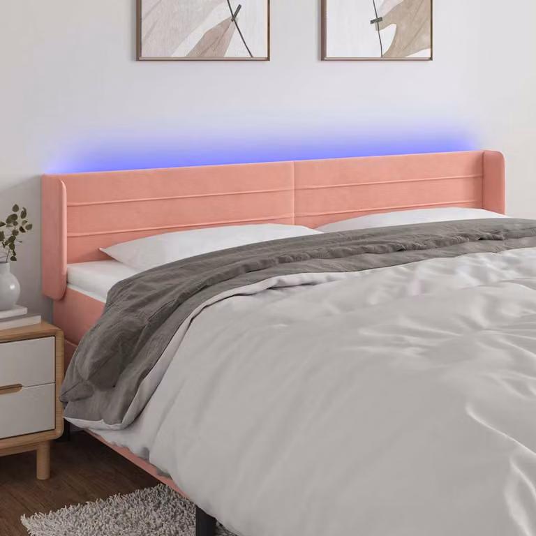 Testiera per letto vidaXL in velluto rosa con illuminazione LED e porta di ricarica USB, L: 183 cm, P: 16 cm, H: 78-88 cm