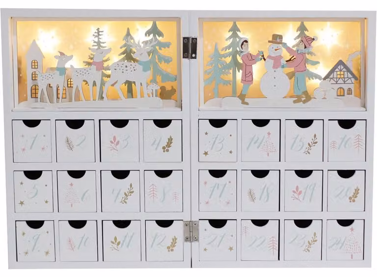 Calendario dell'Avvento in legno con 24 cassetti, dotato di luci LED, ideale per essere riempito