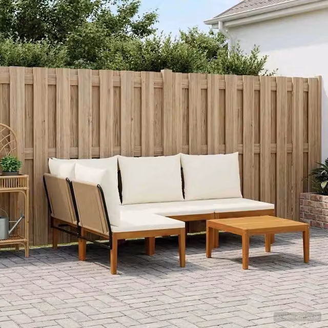Set da giardino vidaXL a forma di L composto da divano a 3 posti, angolo e tavolino in legno di acacia con cuscini beige e bianchi