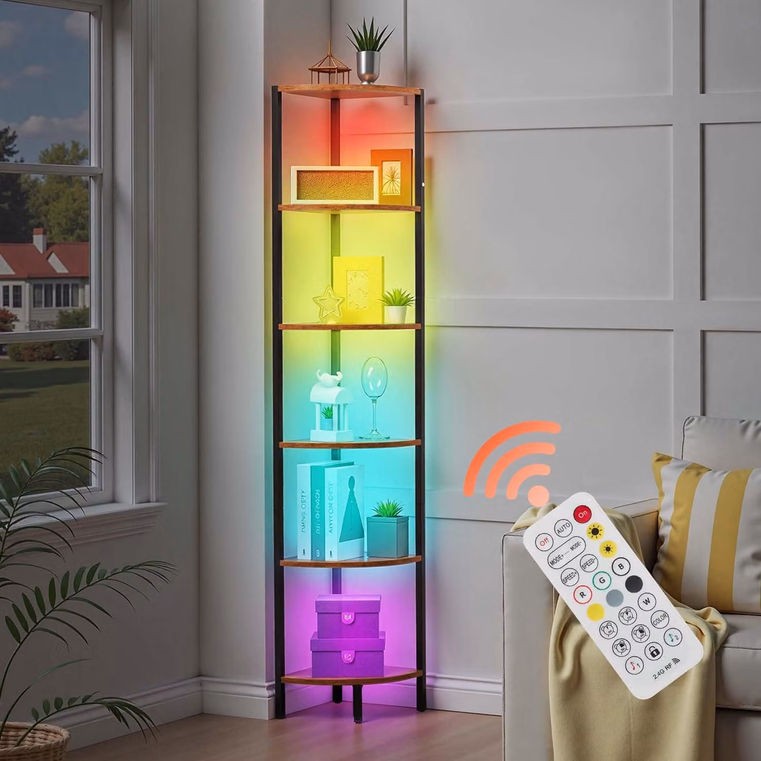Scaffale a 6 ripiani con illuminazione a LED, altezza 172,7 cm, multicolore, controllo tramite telecomando/app