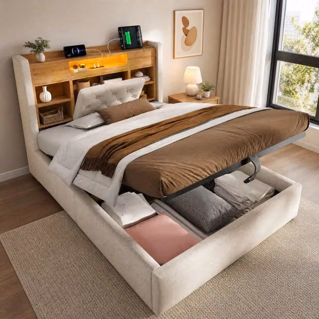 Letto singolo imbottito 90 × 200 cm con contenitore idraulico LED USB e USB C in lino beige