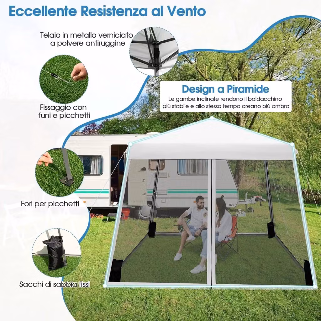 Gazebo Pieghevole da Giardino Costway Impermeabile con Protezione UPF 50+ e Rete, Bianco e Blu, L/P: 300 x 300 cm, H: 255 cm – 2