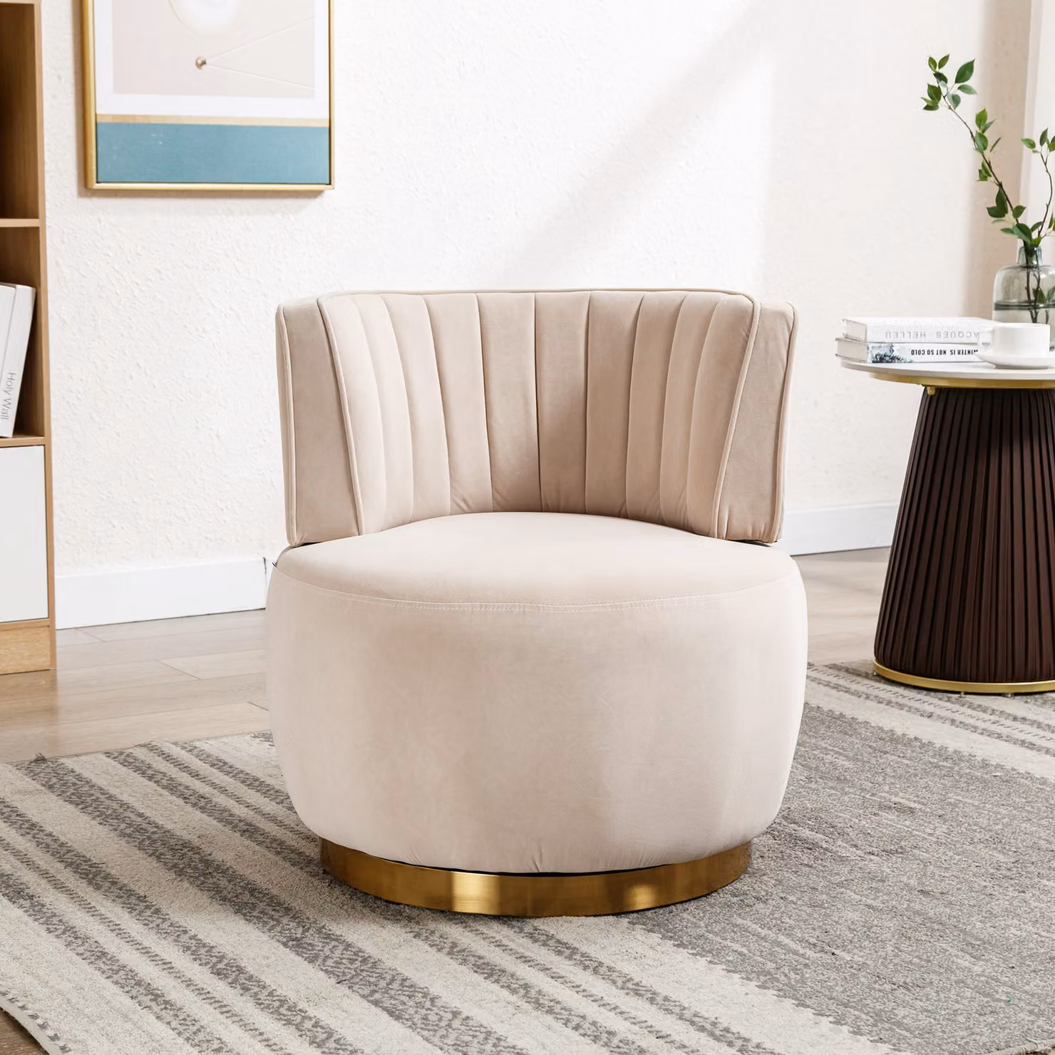 okwish Letto imbottito, Tavolo rotondo girevole, Sedia da pranzo, Sedia imbottita, Poltrona relax 360°, Sedia da salotto, Camera da letto, Studio, Beige