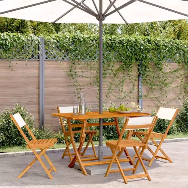 Set di 4 sedie pieghevoli vidaXL in legno di acacia oliato e tessuto bianco resistente ai raggi UV con braccioli per giardino e terrazzo – 1