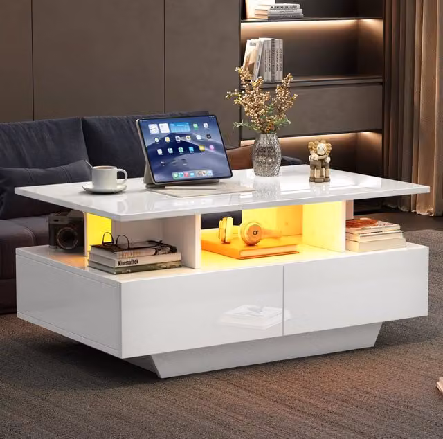 Tavolino Moderno Bianco Lucido con LED, 90x55x41 cm, 2 Cassetti e Capacità 30 kg