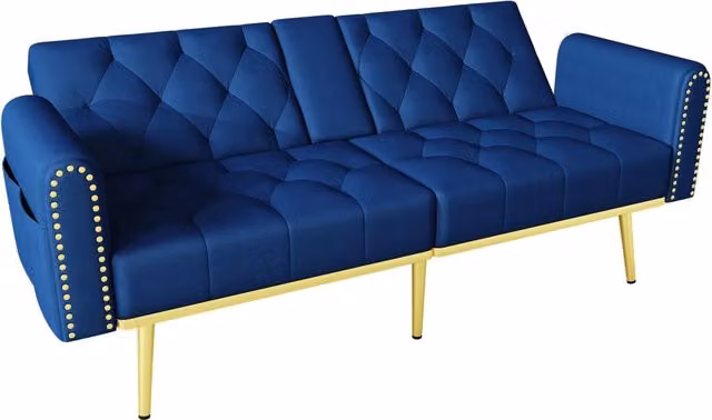 Divano letto 2 posti in velluto blu con schienale regolabile, portabicchieri e cuscini, dimensioni 175x80x73,5 cm