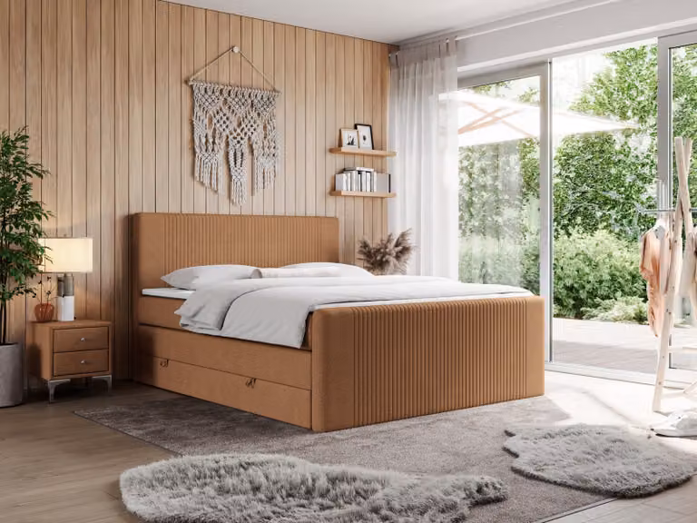 Letto boxspring matrimoniale con materasso a tasche multiple e due cassetti - KING DOREN - 180x200 cm - Arancione - H4
