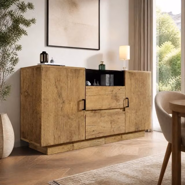 Credenza moderna REDOM in legno e vetro con finitura opaca, colore marrone e nero, L: 100 cm, P: 40 cm, H: 70 cm