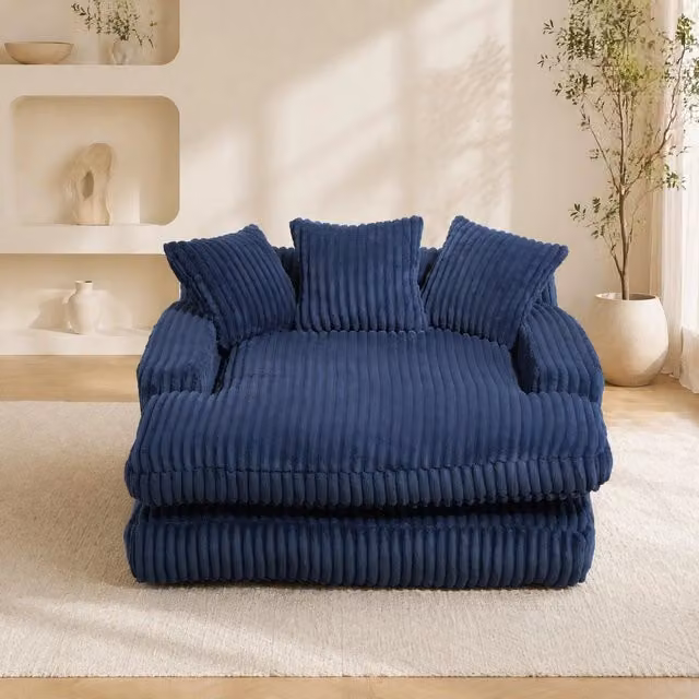 Chaise longue oversize 125x155x63 cm in velluto a coste blu navy con 3 cuscini HOMVRA