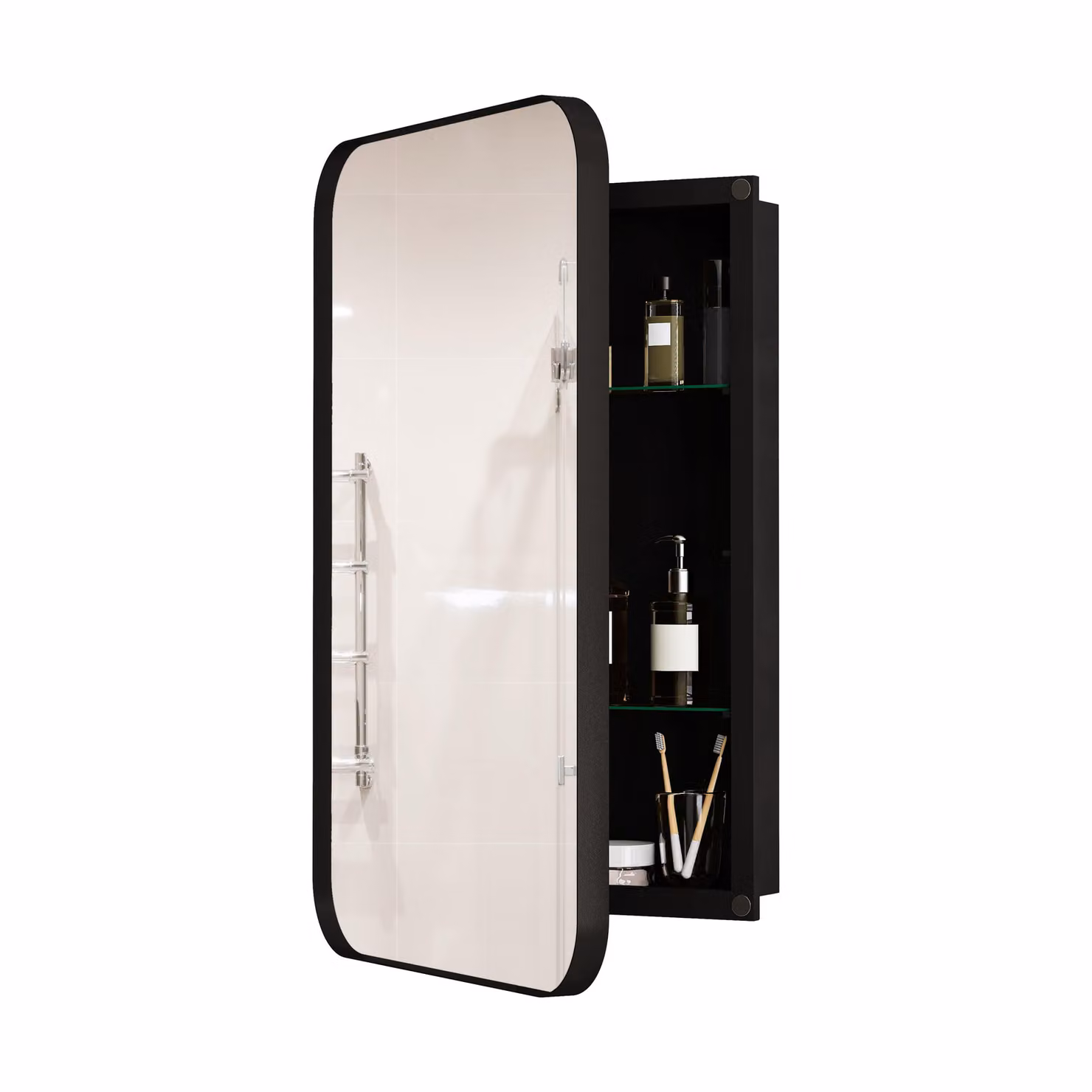 AIORBER Elegante mobile a specchio rettangolare, mensola a muro con struttura in metallo e ripiani regolabili, specchio con spazio di archiviazione