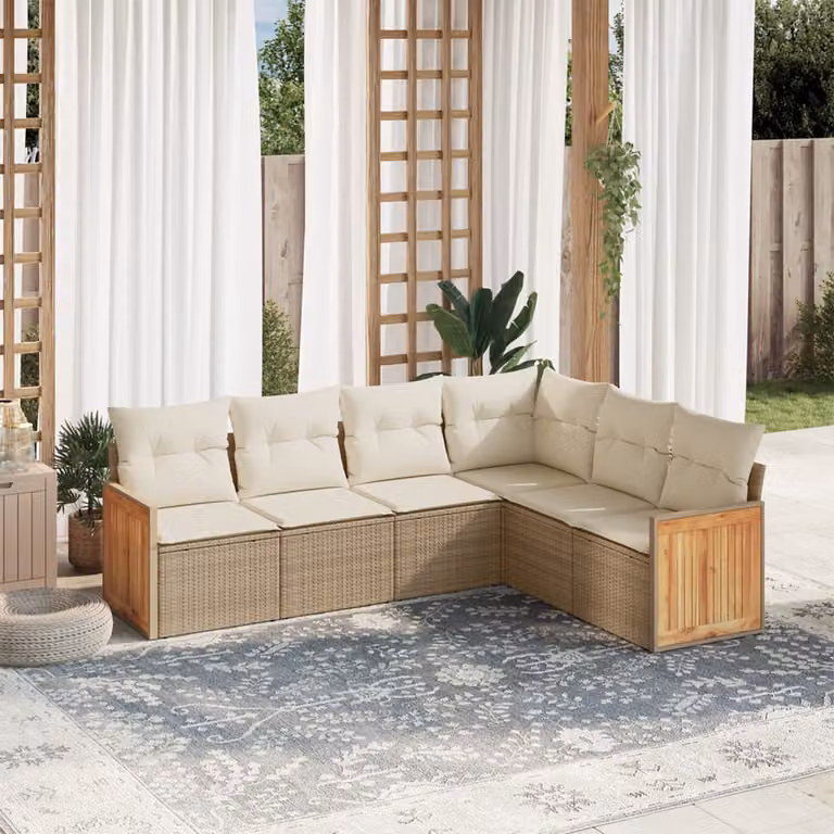 vidaXL Set Divano da Giardino a L 6 pz in Polyrattan con Cuscini Beige e Struttura in Legno di Acacia