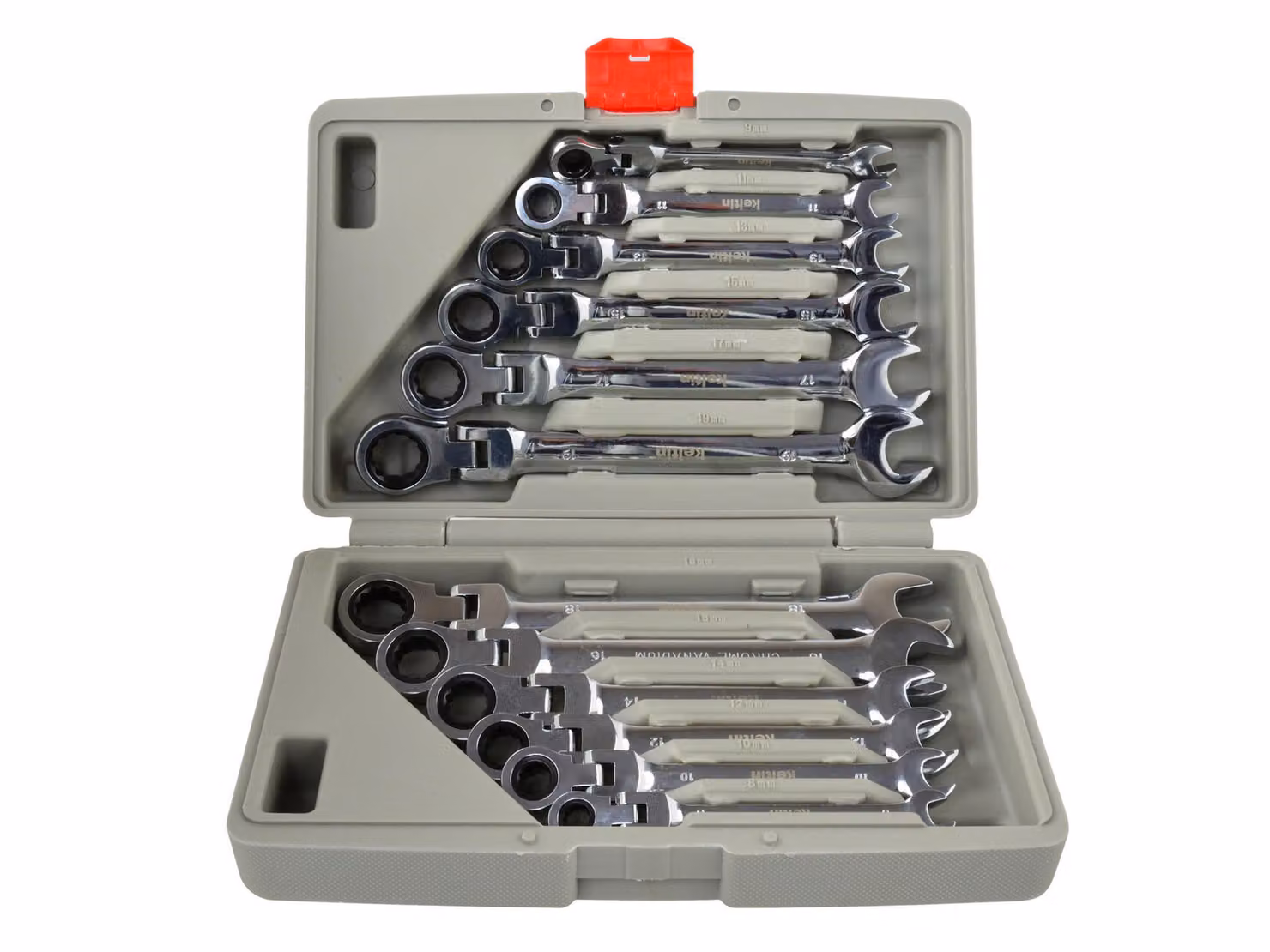 Set di chiavi combinate con cricchetto 8-19 mm, 12 pezzi, in robusta scatola di plastica, acciaio CrV, per officine professionali e uso domestico.
