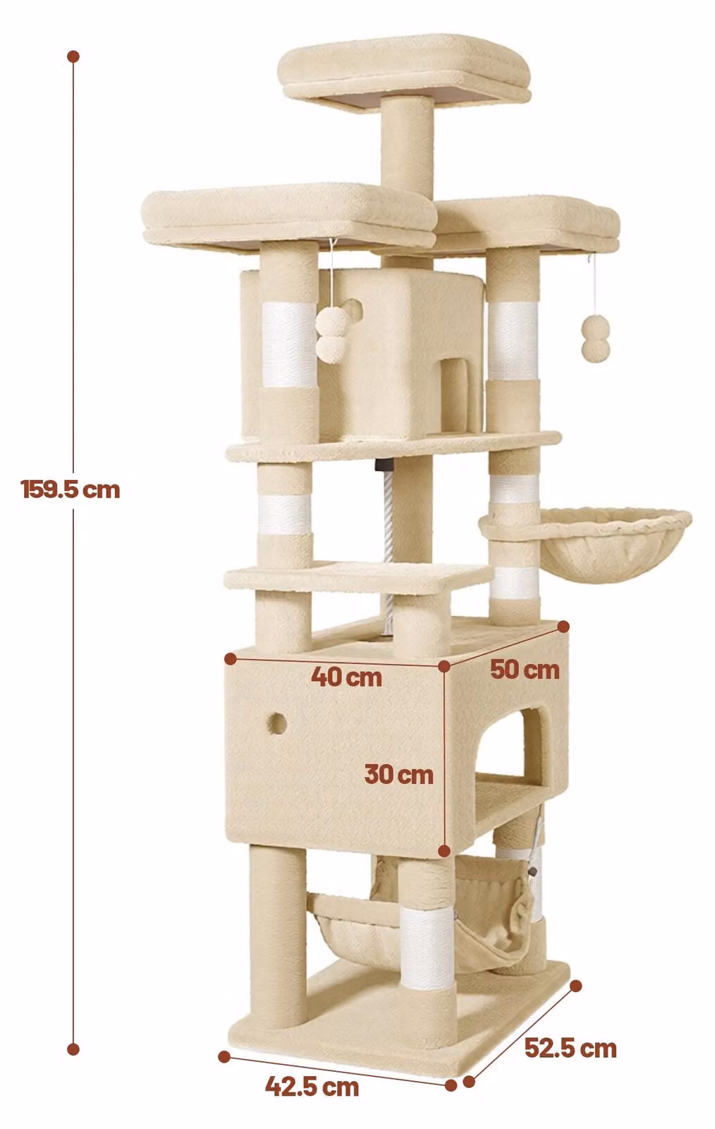 Katzenbaum – Albero per gatti da interno – 156 cm – 5 livelli – 3 piattaforme – 2 tane – 7 pali in sisal – Colore beige