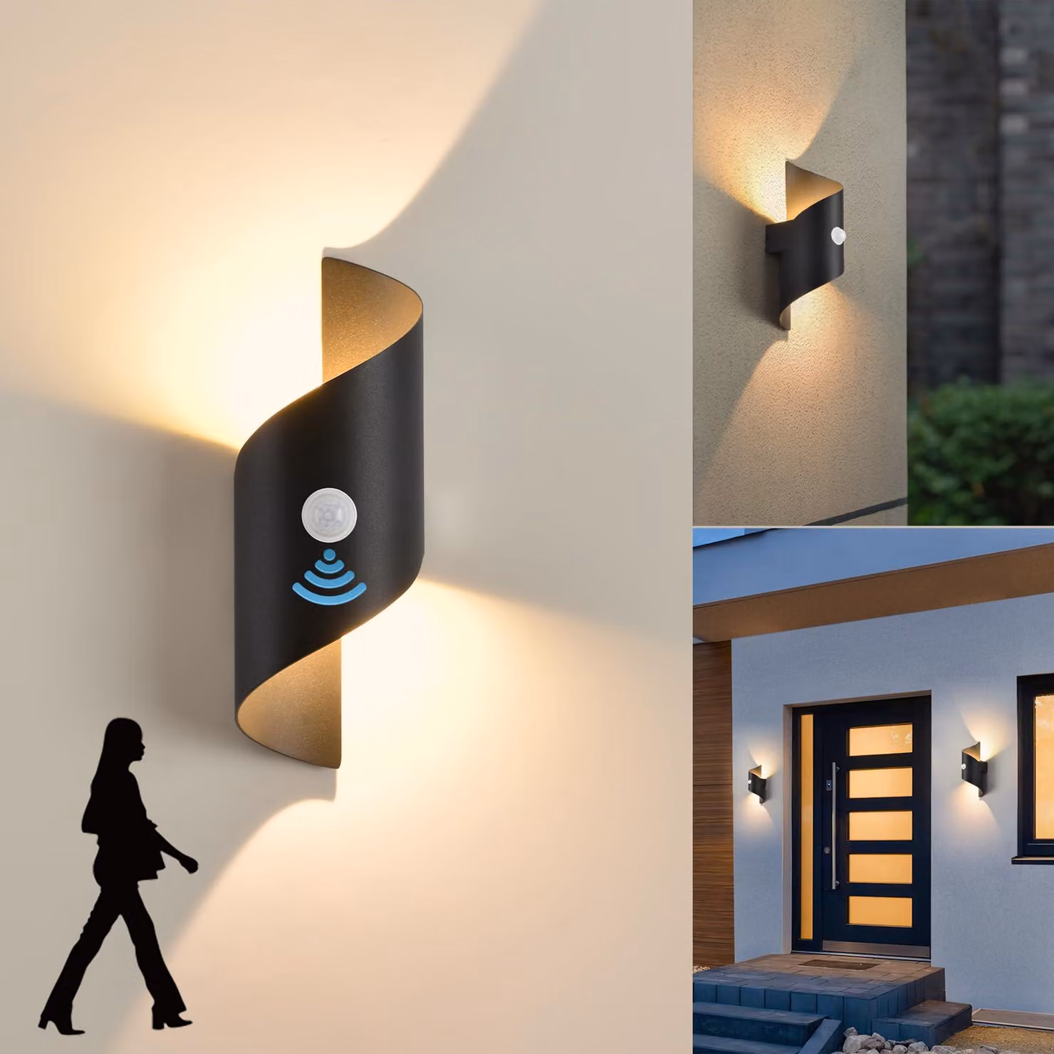 Lampada da parete esterna in metallo con sensore di movimento, 3000 K, colore nero, grado di protezione IP65