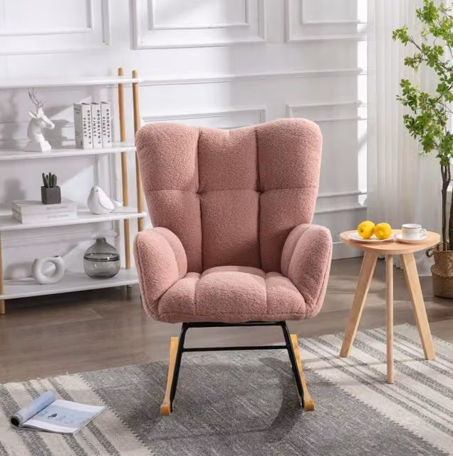 Sedia a Dondolo Moderna in Tecido Teddy Rosa con Schienale Imbottito 80x70x95 cm