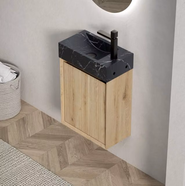 Mobile bagno da 40 cm con lavabo in marmo nero e struttura in multistrato effetto quercia bianca, con anta singola preassemblato