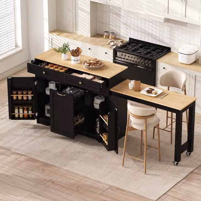 Isola cucina con tavolo estraibile in MDF, 2 cassetti, vano pattumiera e ruote, 188,6 x 36,7 x 91 cm