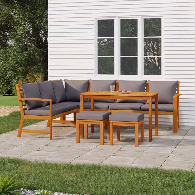 Set da pranzo da giardino vidaXL in legno di acacia con 7 pezzi e cuscini, colore marrone e grigio, L: 110 cm, P: 60,5 cm, H: 81 cm