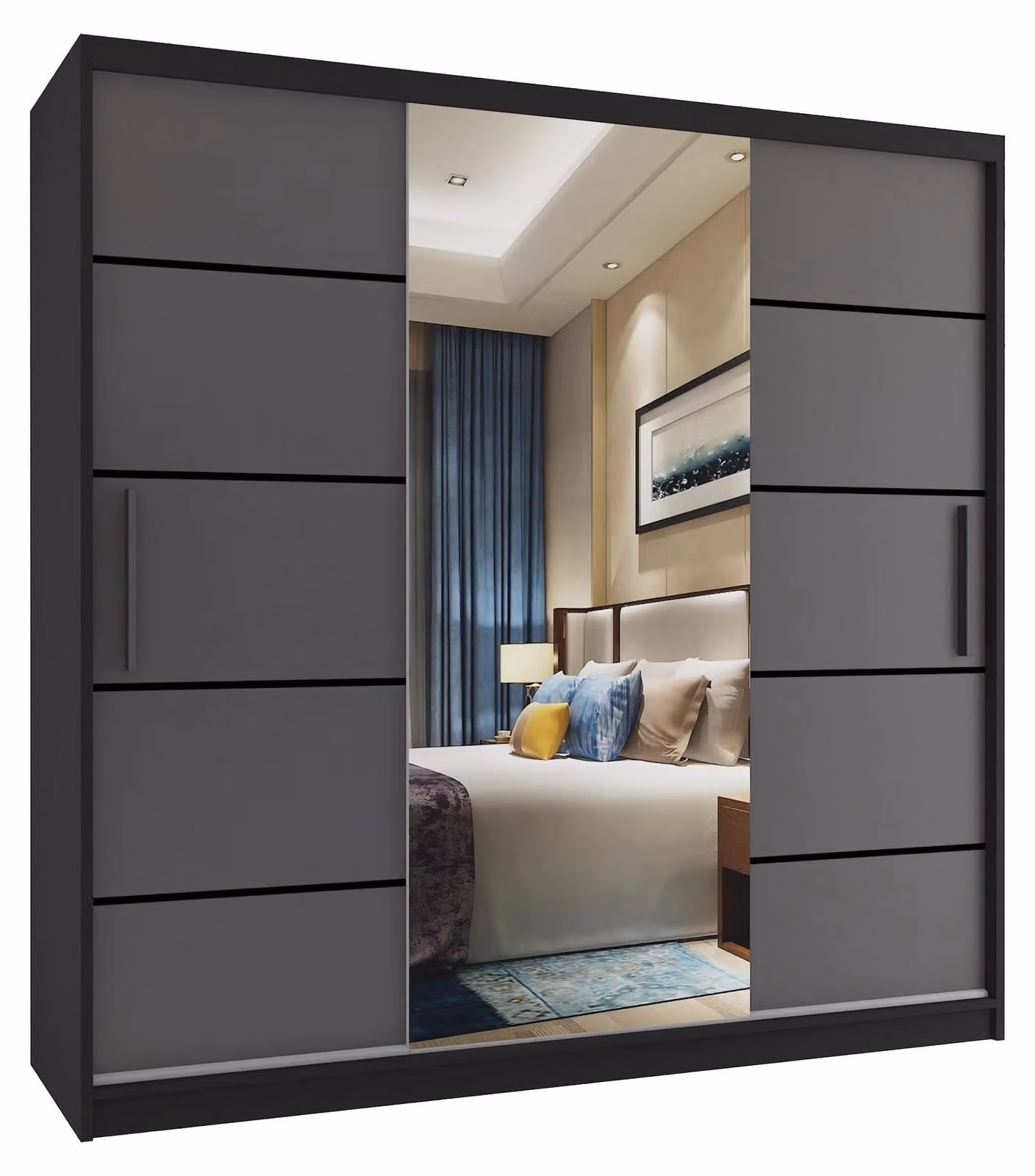 BELINI Verona, armadio scorrevole da 200 cm, nero/grigio opaco - armadio con specchio e 4 cassetti, ideale per la camera da letto