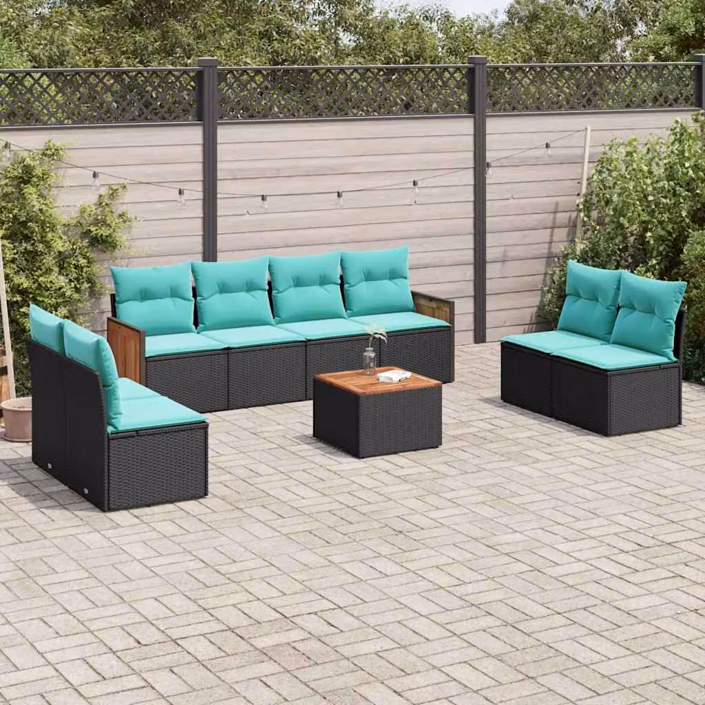 Set Divani da Giardino vidaXL 9 pz in Polyrattan con Cuscini e Tavolino, Design Moderno a U, Colore Nero