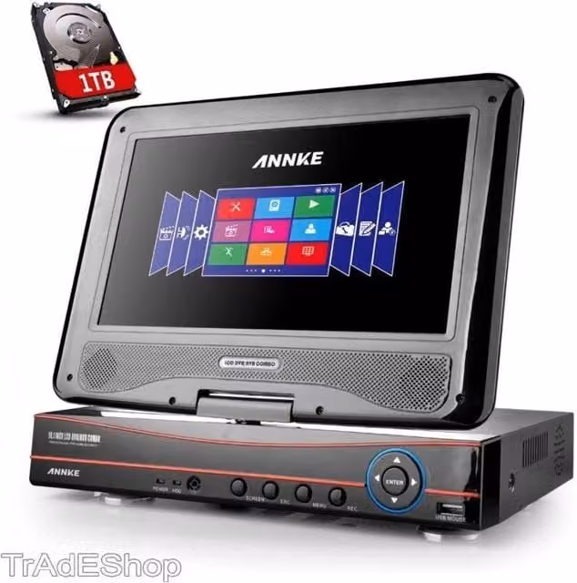 Trade Shop DVR NVR Combo AHD per videosorveglianza a 4 canali con schermo LCD da 10.1 pollici, nero