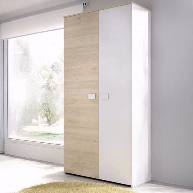 Armadio a 2 ante Firmin DMORA per camera da letto, moderno con appendiabiti e portapantaloni, L 90 cm x P 53 cm x H 202 cm, Bianco e Rovere