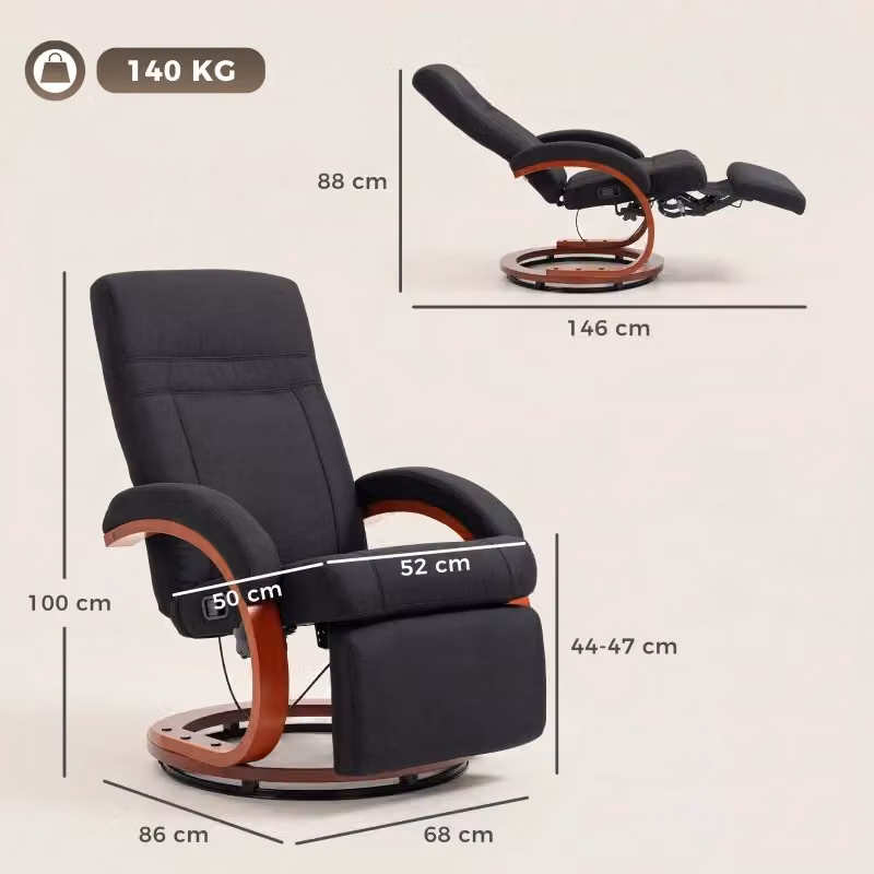 Poltrona Relax Reclinabile REDOM con Struttura in Legno e Rivestimento in Tessuto Nero, Girevole a 360° – 2