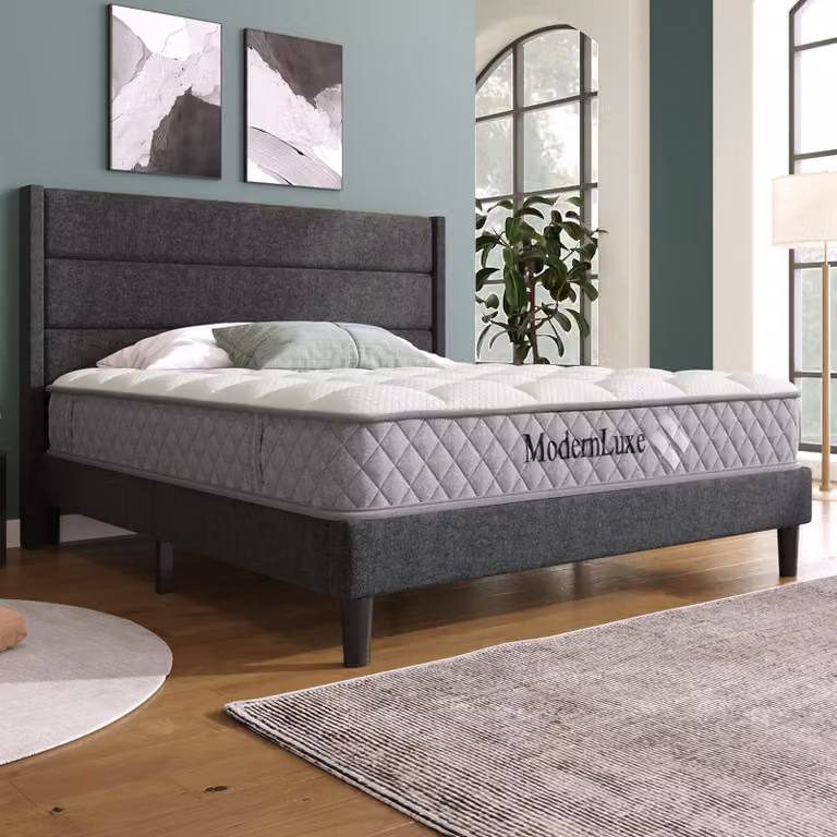 MODFU letto classico con materasso 140x200 letto per ragazzi con piedini con tappetini antiscivolo, letto matrimoniale in tessuto di lino con rete a doghe, grigio