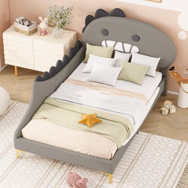 Letto per bambini a forma di dinosauro REDOM in ecopelle grigia L/P/H: 209 x 90 x 94 cm