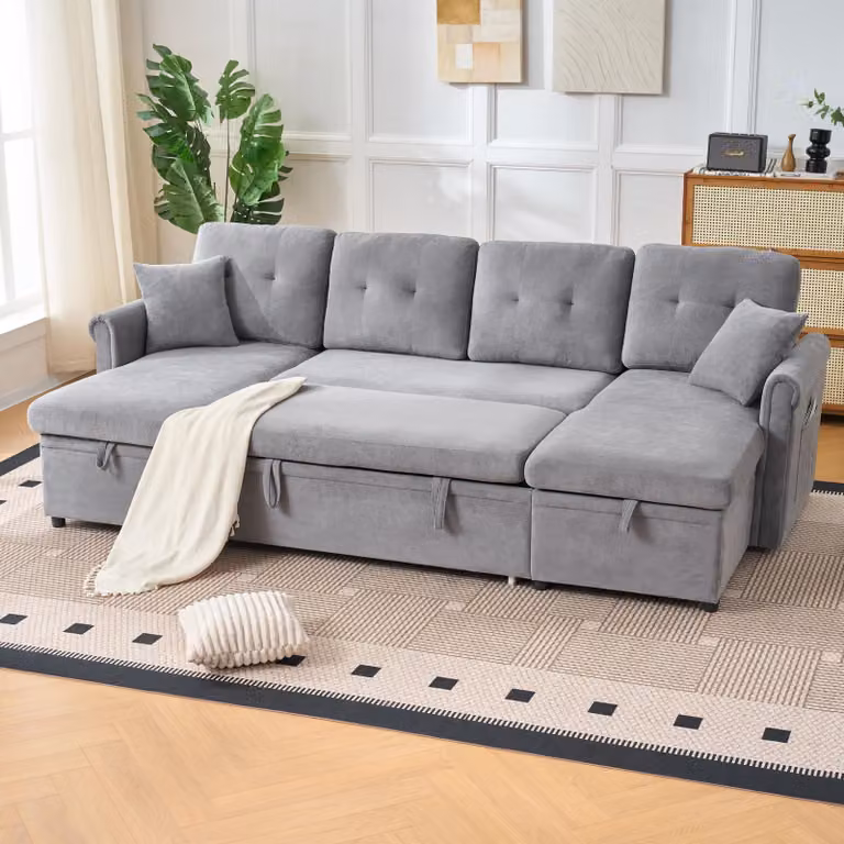 Divano angolare reclinabile con funzione letto e contenitore, ampio divano letto con spazio extra per riporre oggetti, comodo divano in chenille ideale per il soggiorno o la stanza degli ospiti