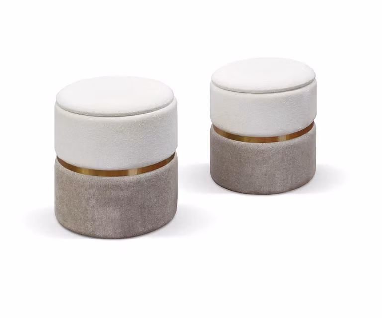 Set di 2 Pouf contenitore SKIEN in tessuto effetto velluto bianco e tortora