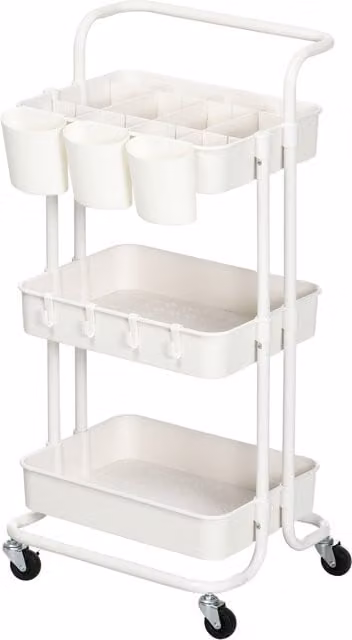 Carrello Cucina Multiuso HOMCOM a 3 Livelli con Cestini, Ganci Rimovibili e Ripiano con 12 Divisori, Bianco