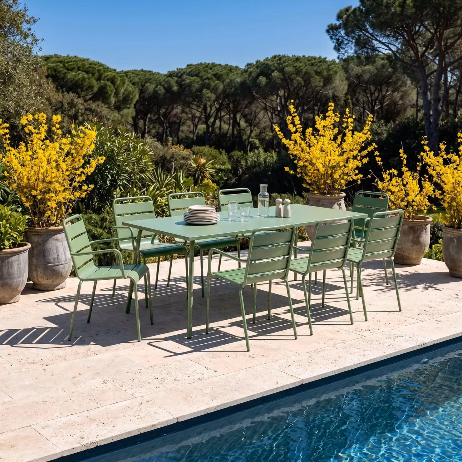 Tavolo da giardino e 8 sedie in metallo verde cactus - Oviala Palavas