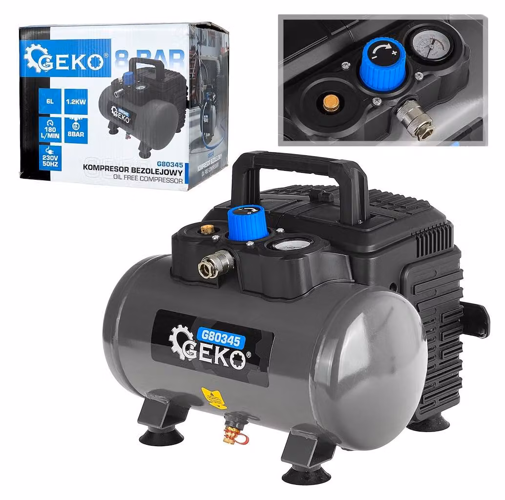 Compressore GEKO, 6 litri, 8 bar, senza olio, modello G80345