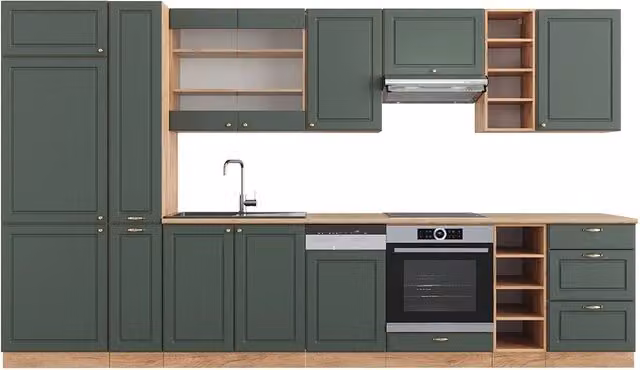 Cucina componibile Fame-Line Vicco in stile country house, Verde-oro e Rovere dorato, L: 355 cm