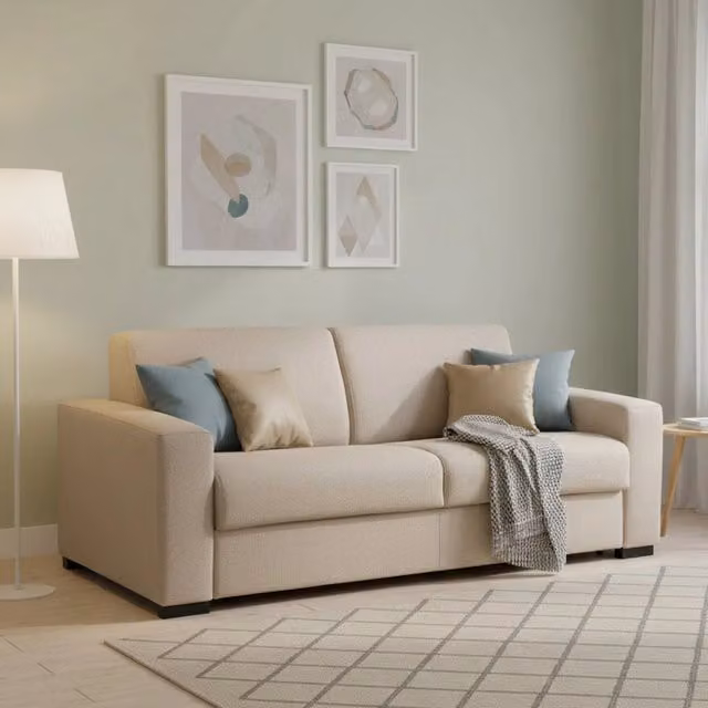 Divano Letto Alcatraz Talamo Italia, Divano a 2 posti con apertura girevole e braccioli slim, in tessuto beige, L: 160 cm, P: 95 cm, H: 90 cm