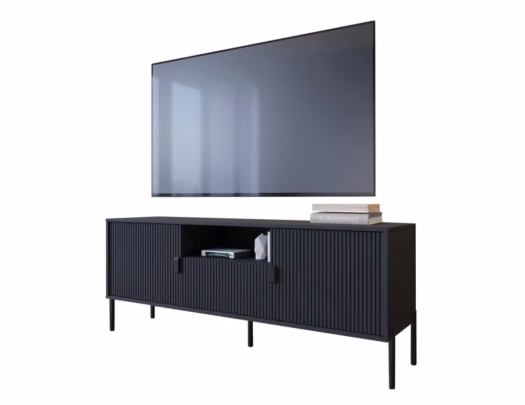 Mobile porta TV Rabattone DMORA con un cassetto soft close, colore nero opaco, L 155 cm x P 40 cm x H 69 cm – 2