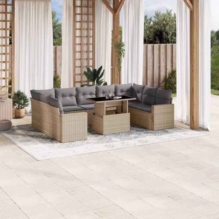 vidaXL Set Divano da Giardino 10 pz a L con Cuscini Beige e Grigio in Polyrattan e Acciaio