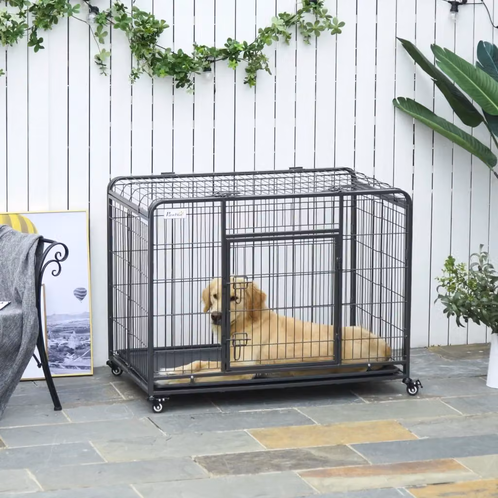 EasyComfort Gabbia per Cani Pieghevole con Doppia Porta, 4 Ruote con Freno e Fondo Rimovibile, L: 109,5 cm, P: 71 cm, H: 78 cm – 2