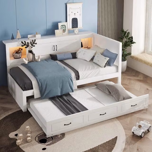 Divano letto daybed 90x200 cm con luci LED, vano portaoggetti laterale, letto estraibile, presa e USB, senza materasso, bianco