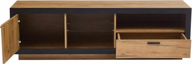 Mobile TV LED moderno con illuminazione RGB, ripiani in vetro e spazio di archiviazione, per TV fino a 70 pollici, colore nero e rovere