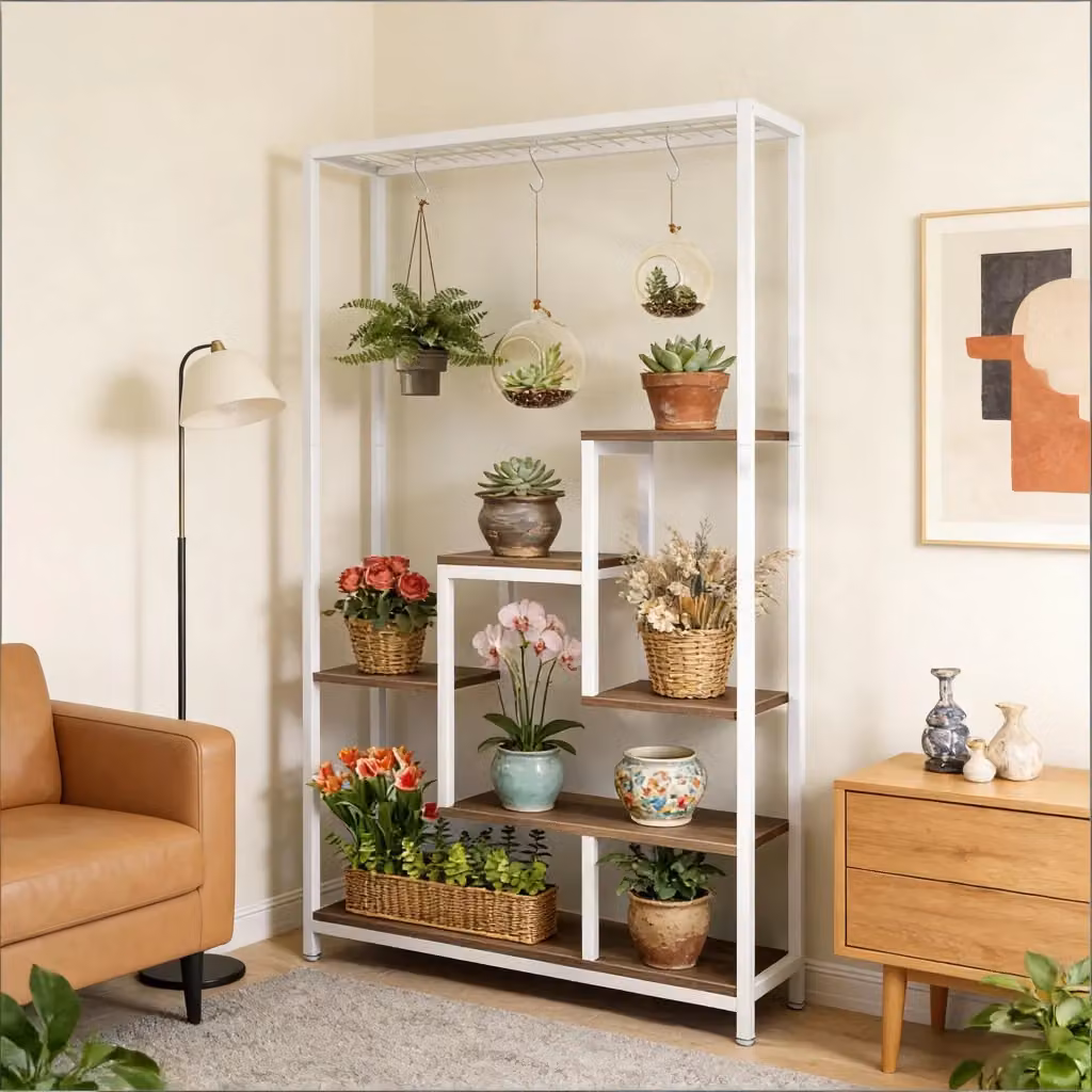 Libreria a scala OKWISH con 7 ripiani e 6 ganci in metallo e legno, ideale per soggiorno, balcone, terrazza e giardino, disponibile in bianco o beige – 2