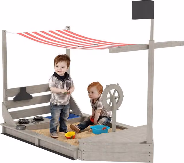 Casetta Pirata con Cucina Giocattolo Zephmum in Legno Massello con Sabbiera e Tendalino, Grigio, L: 180 cm, P: 103 cm, H: 144.5 cm