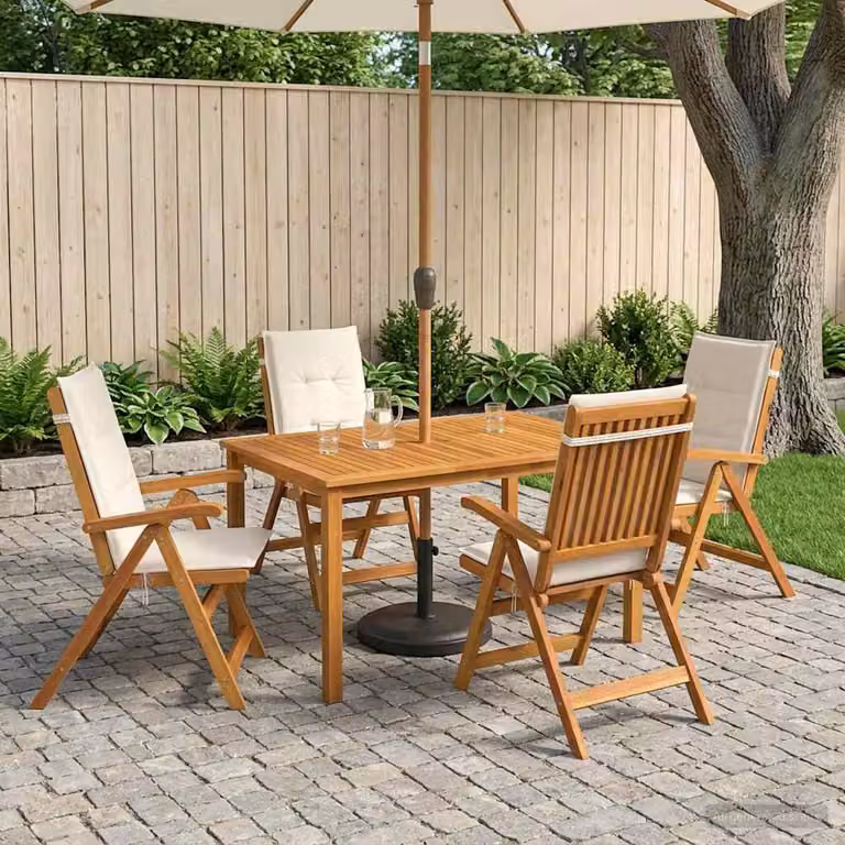 Set da pranzo da giardino vidaXL in legno di acacia naturale composto da 5 pezzi con tavolo rettangolare e sedie moderne
