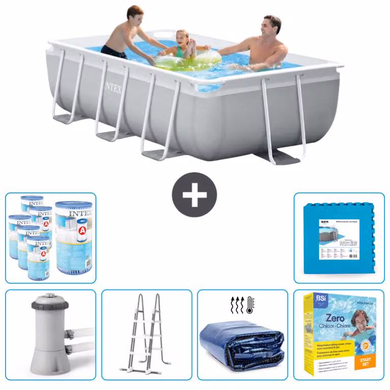 Piscina Intex con struttura a prisma rettangolare - 300 x 175 x 80 cm - grigio - inclusa pompa - scala - tenda da sole - pacchetto manutenzione - filtro - piastrelle per il pavimento