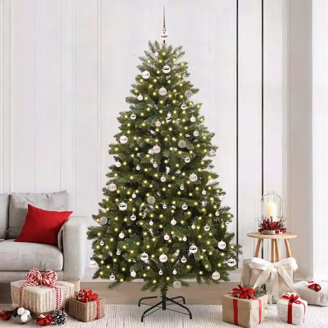 Albero di Natale artificiale moderno vidaXL verde con 300 LED bianco caldo in PVC e metallo, Altezza: 240 cm