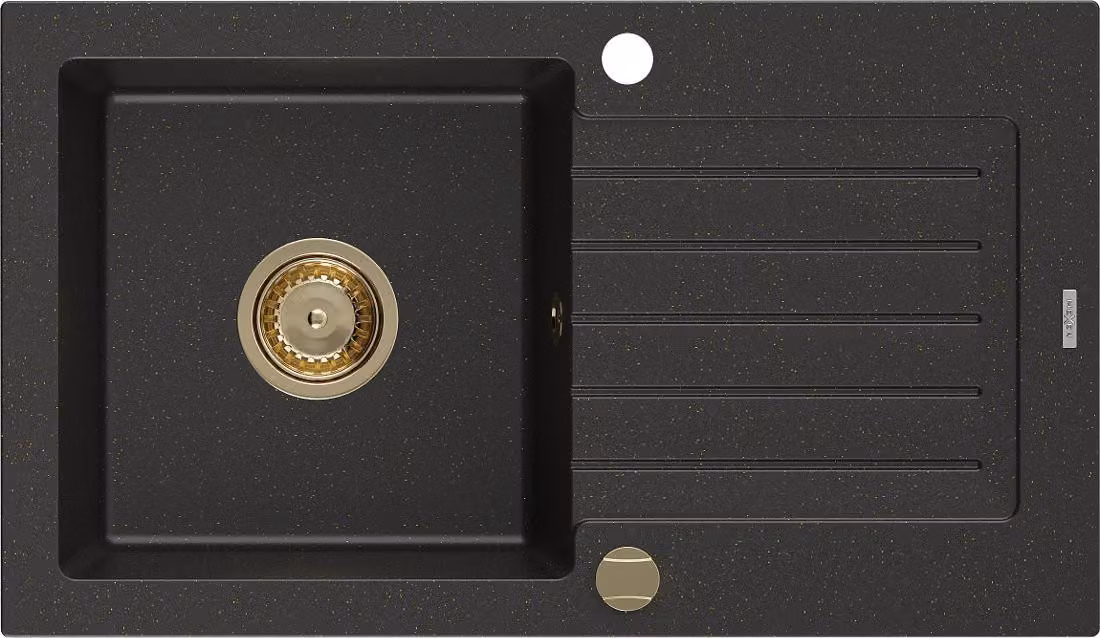 Mexen Pablo lavello in granito a 1 vasca con sgocciolatoio 752 x 436 mm, nero/oro metallizzato, sifone oro - 6510751010-75-G