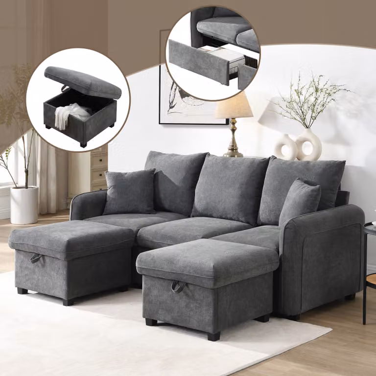 MODFU divano angolare con contenitore, divano a tre posti a forma di U con funzione letto, divano relax con cassetti + pouf con contenitore, grigio